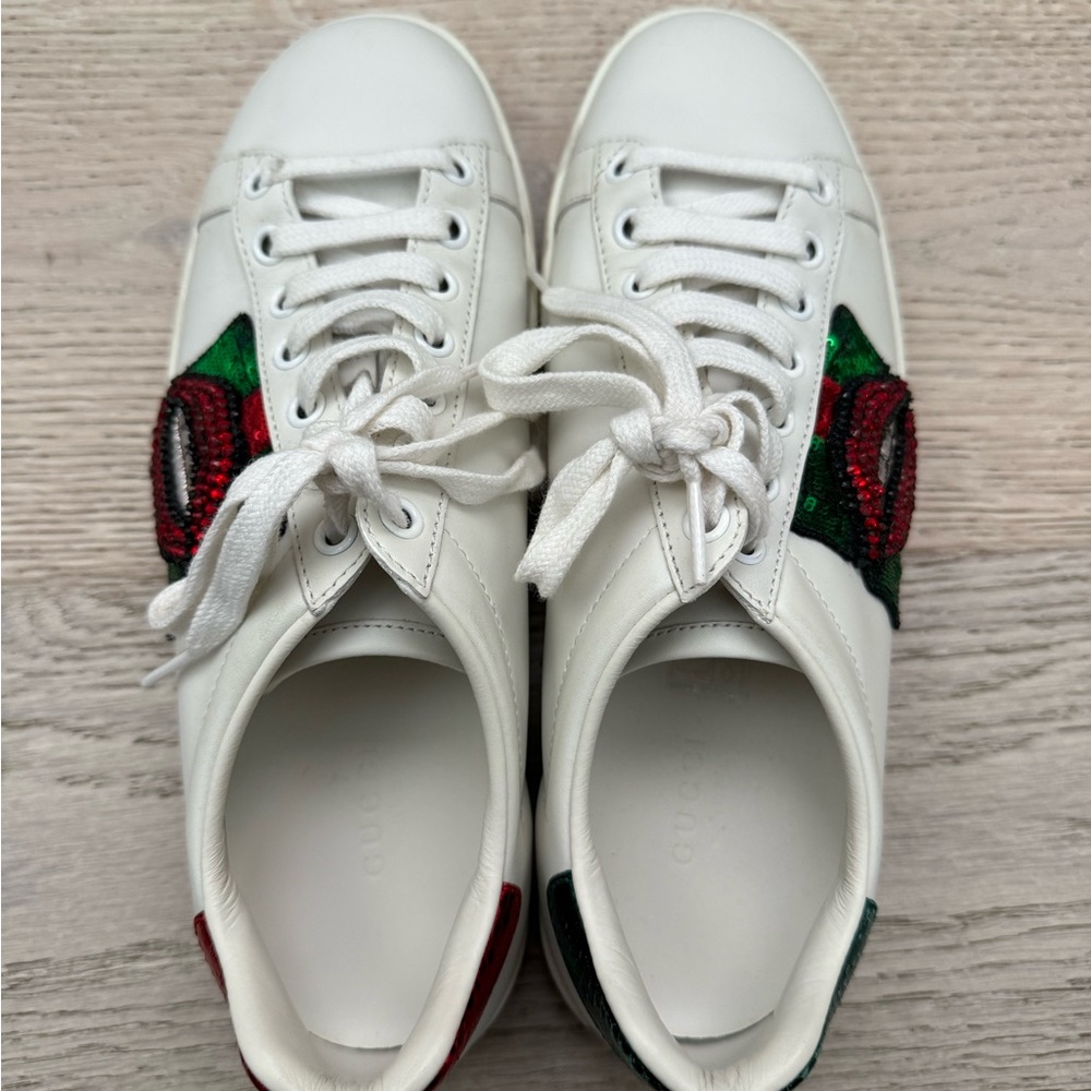 Gucci White Leather Sequins And Crystal Lips Ace Low Top Sneakers - Picture 5 of 6